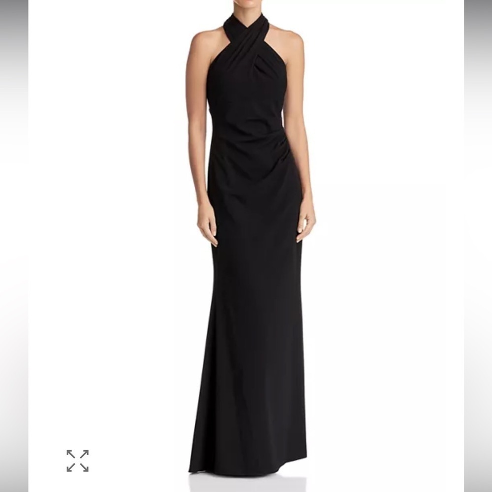 Eliza J Black Criss Cross Side Pleat Halter Gown Maxi Dress Size 8 NWT